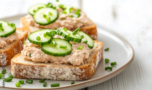  sandwiches topped with a creamy smoked mackerel spread, garnished with fresh cucumber slices and sprinkled with chopped chives, Generative AI 