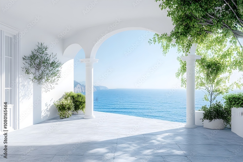 Obraz premium A beautiful terrace with white walls and a blue sea view Mediterranean landscape with a blue and green color scheme and a blue water surface