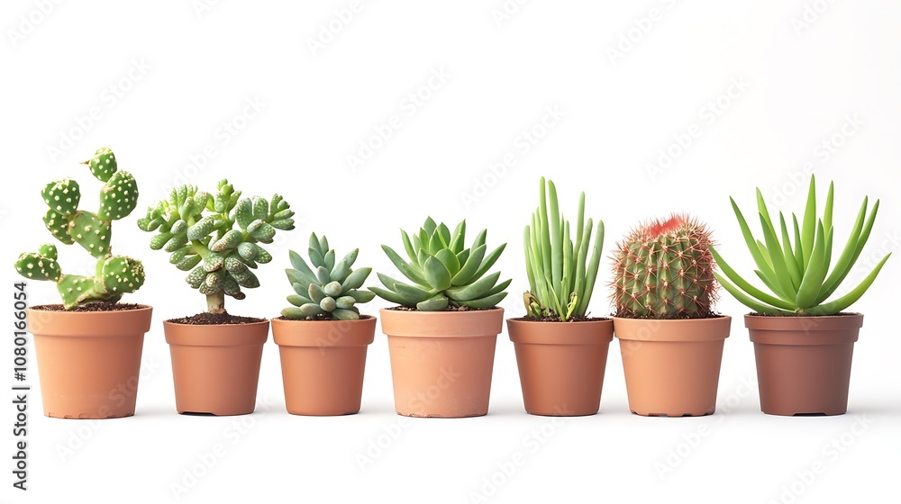 Several small plants in pots on white surface/ Several small plants in pots on white surface/