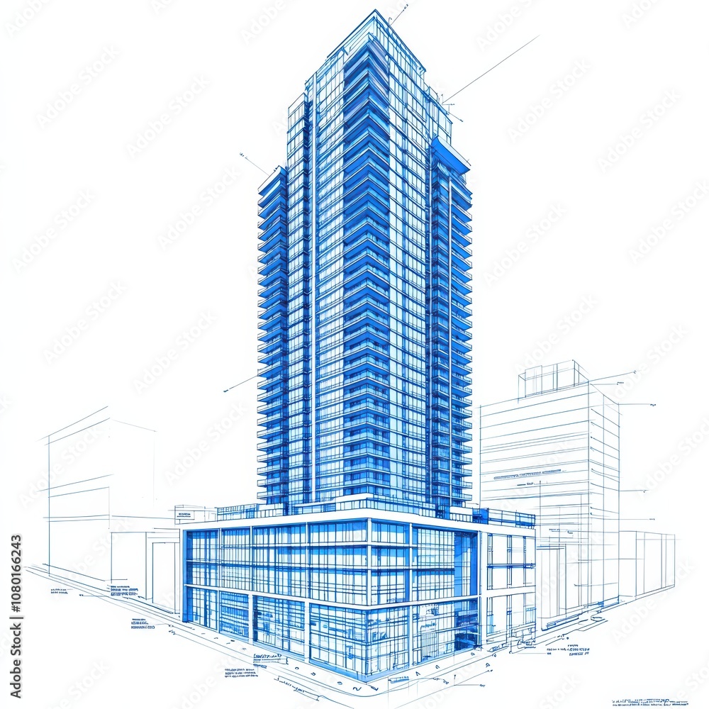 A blueprint illustration of a modern high-rise building design. A blueprint illustration of a modern high-rise building design.