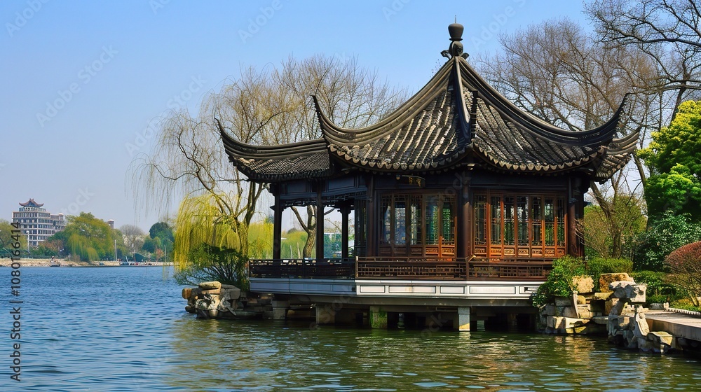 The Gorgeous Scenery of West Lake in Hangzhou with Its Calm Waters, Lush Greenery, and Graceful Bridges The Gorgeous Scenery of West Lake in Hangzhou with Its Calm Waters, Lush Greenery, and Graceful Bridges