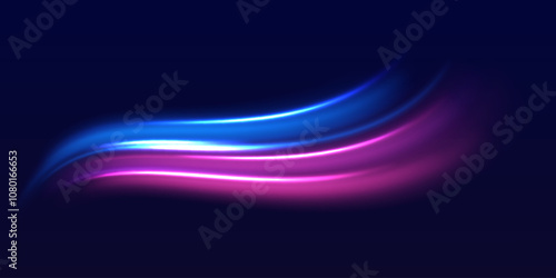 Speed police line. Laser beams, horizontal light rays. Magic shining neon light line trails. Purple glowing wave swirl. High speed effect motion blur night lights. Vector illustration EPS10