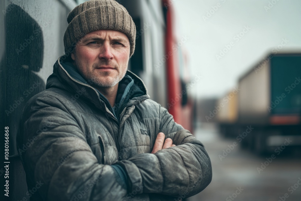 A determined man stands confidently against the backdrop of trucks. He embodies resilience in the face of challenges. The atmosphere is calm yet inspiring. Generative AI A determined man stands confidently against the backdrop of trucks. He embodies resilience in the face of challenges. The atmosphere is calm yet inspiring. Generative AI