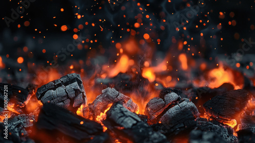 Glowing embers and charcoal with sparks, creating warm atmosphere