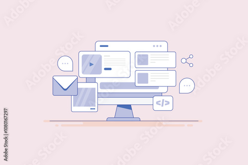 Website and blog management software, CMS dynamic web pages for content creation and publish on internet, Coding and digital marketing filled outline illustration.