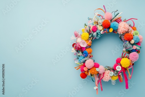 quirky Christmas wreath made of unconventional materials, such as pom poms, buttons, and colorful ribbons, blue minimal background with copy space photo