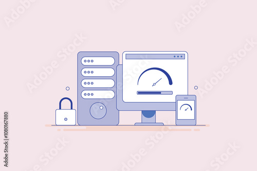 Optimization web server and loading speed, website content display secure CDN technology, filled outline concept.
