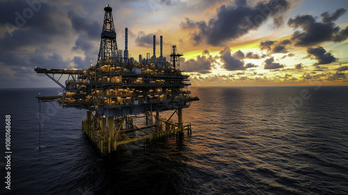 Oil Refinery off shore : Offshore oil platform at sunset with dramatic clouds and ocean view