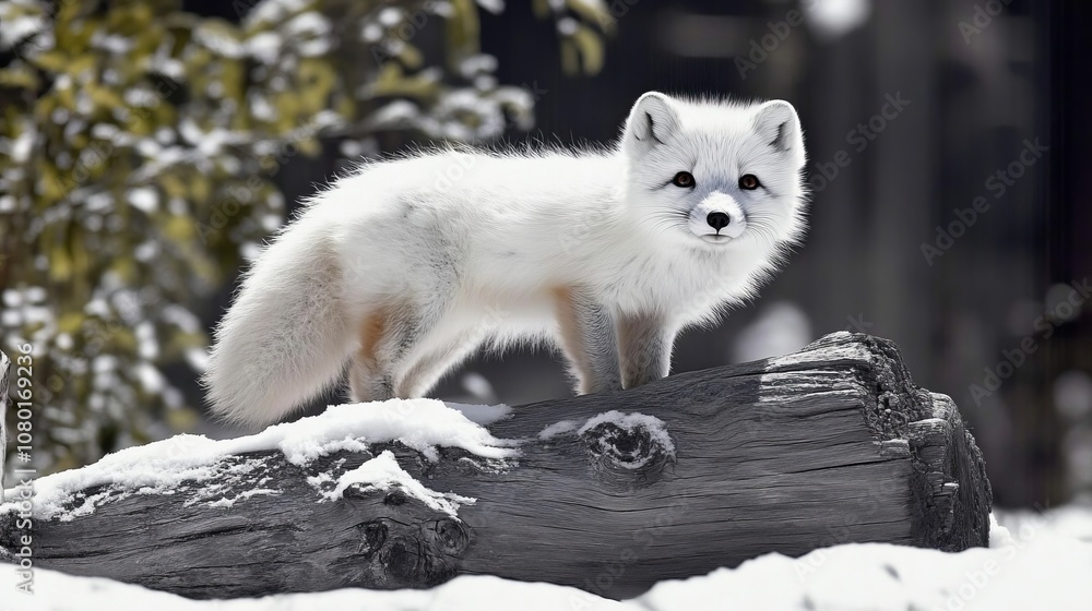 Arctic Fox on Log in Winter Wonderland, Majestic Arctic Wildlife scene ,Animal Portrait Arctic Fox on Log in Winter Wonderland, Majestic Arctic Wildlife scene ,Animal Portrait
