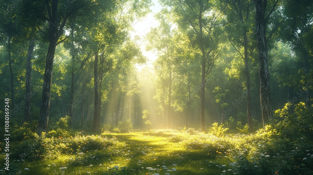Fototapeta premium Serene forest path illuminated by soft sunlight and lush greenery.