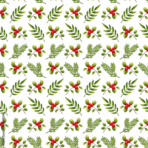 Vector seamless pattern of Christmas foliage, fir branches and red berries, lingonberries. Festive winter botanical print. Design for Christmas textiles, banners, wrapping paper, wallpaper.