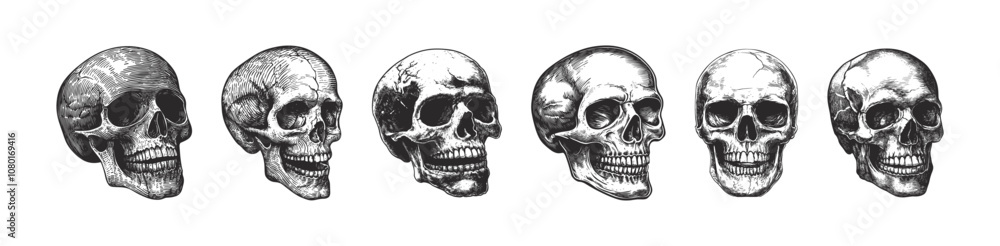 Fototapeta premium Set illustration skull head with engraving. Hand drawn anatomical skulls in different projection, monochrome tattoo artwork, anatomy face halloween horror vector elements. Engraved human skull 