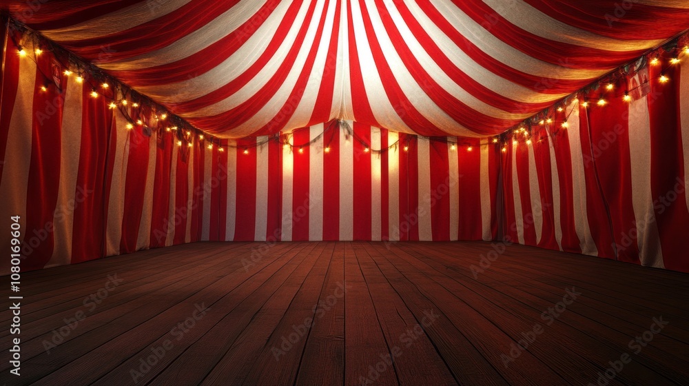 A red and white striped tent with lights hanging from the ceiling A red and white striped tent with lights hanging from the ceiling