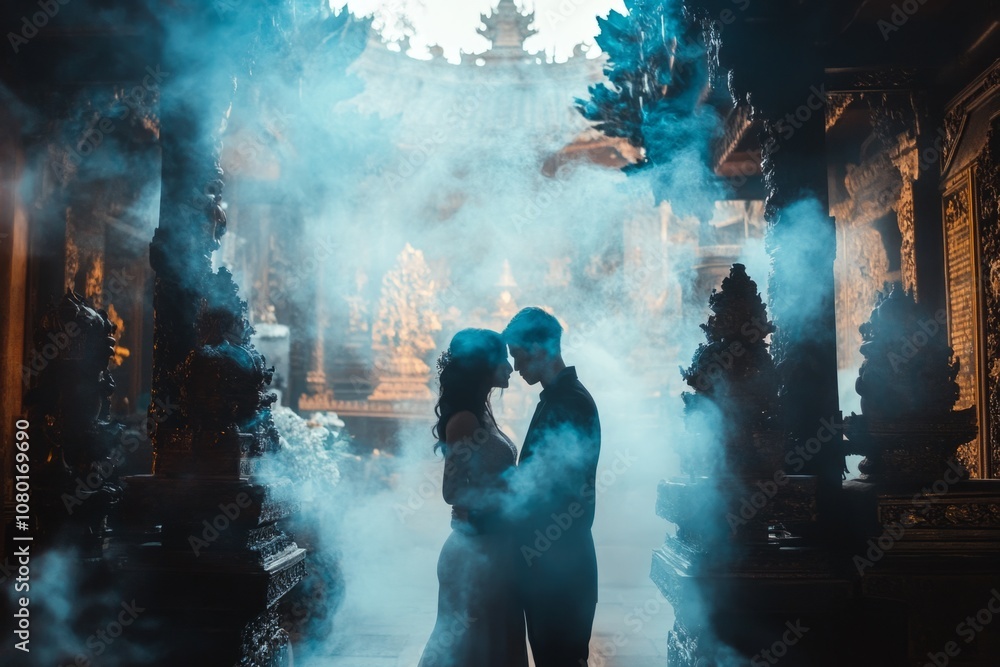 A captivating silhouette of a couple in a mystical space. The ethereal ambiance is enhanced by soft mist and detailed architecture. Love is in the air. Generative AI A captivating silhouette of a couple in a mystical space. The ethereal ambiance is enhanced by soft mist and detailed architecture. Love is in the air. Generative AI