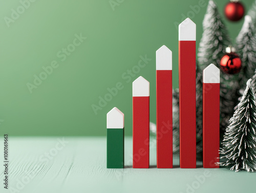 Holiday sales projections represented by colorful bar graphs alongside Christmas decorations create festive atmosphere