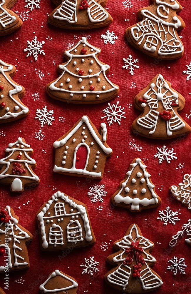 Festive Gingerbread Cookie Pattern with Christmas Shapes on Red Fabric Background Festive Gingerbread Cookie Pattern with Christmas Shapes on Red Fabric Background