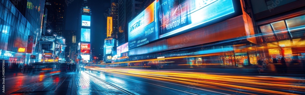 A long exposure shot of a bustling city street at night, showcasing blurred lights from traffic, illuminated billboards and street signs. A long exposure shot of a bustling city street at night, showcasing blurred lights from traffic, illuminated billboards and street signs.