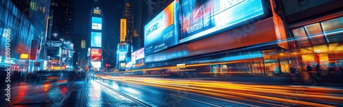 A long exposure shot of a bustling city street at night, showcasing blurred lights from traffic, illuminated billboards and street signs.