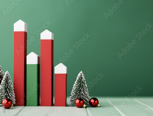 Festive holiday sales projections represented by colorful bar graphs, adorned with Christmas trees and ornaments, creating cheerful seasonal atmosphere photo