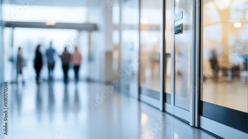 Close-up of hospital building entrance with automatic doors, people entering, accessibility, healthcare facility