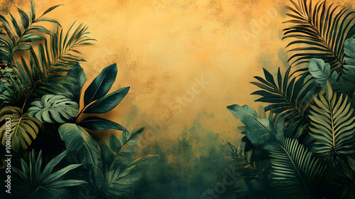 Abstract background illustration of tropical leaves and plants in earthy greens and browns, creating an organic, natural feel perfect for a nature-themed design.