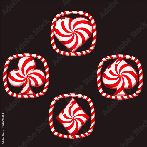 Set of red playing card symbols like lollipops or cady for your game and slot machines. Colored candy playing card symbols- clubs, diamonds , hearts and spades