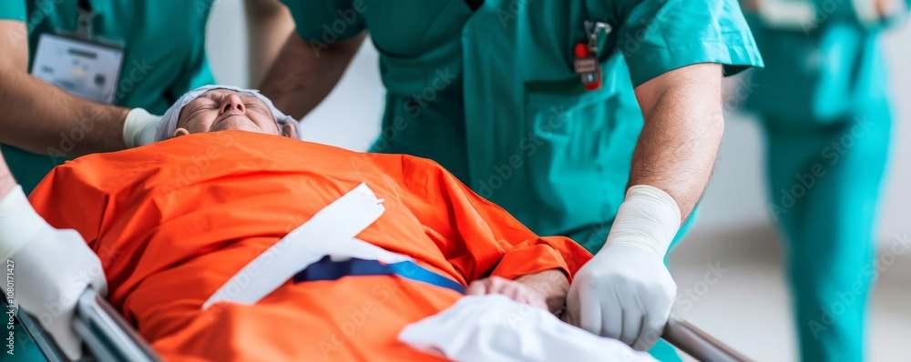 Emergency team pushing a patient on a stretcher through the ER, emergency response, action Emergency team pushing a patient on a stretcher through the ER, emergency response, action