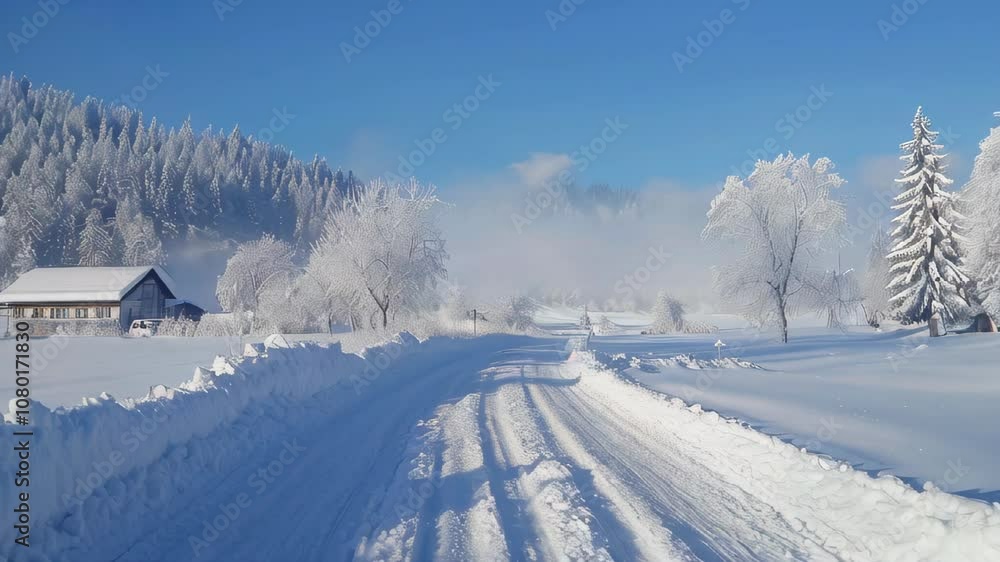 In a winter landscape in Germany, a road covered in snow and trees covered in snow.
In a winter landscape in Germany, a road covered in snow and trees covered in snow.