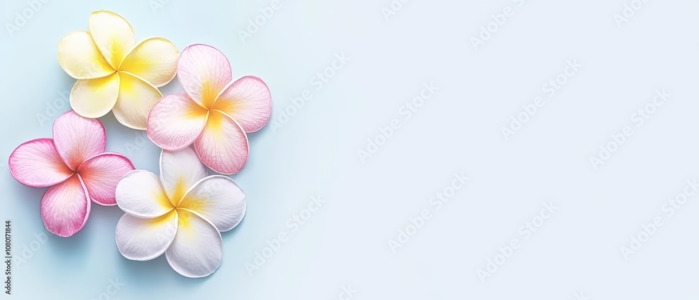Obraz premium Beautiful plumeria flowers arranged on a soft blue background.