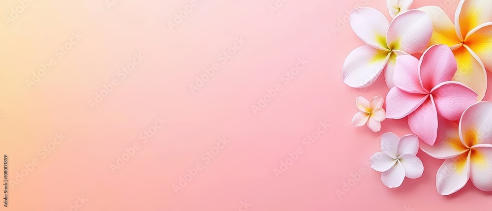 Beautiful plumeria flowers arranged on a soft pink background. Beautiful plumeria flowers arranged on a soft pink background.