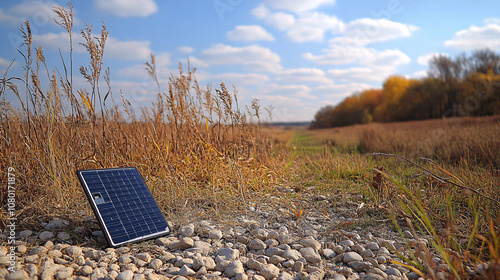 A solar panel rests on stones amidst tall grasses and a scenic landscape under a blue sky with fluffy clouds, highlighting renewable energy in nature. photo