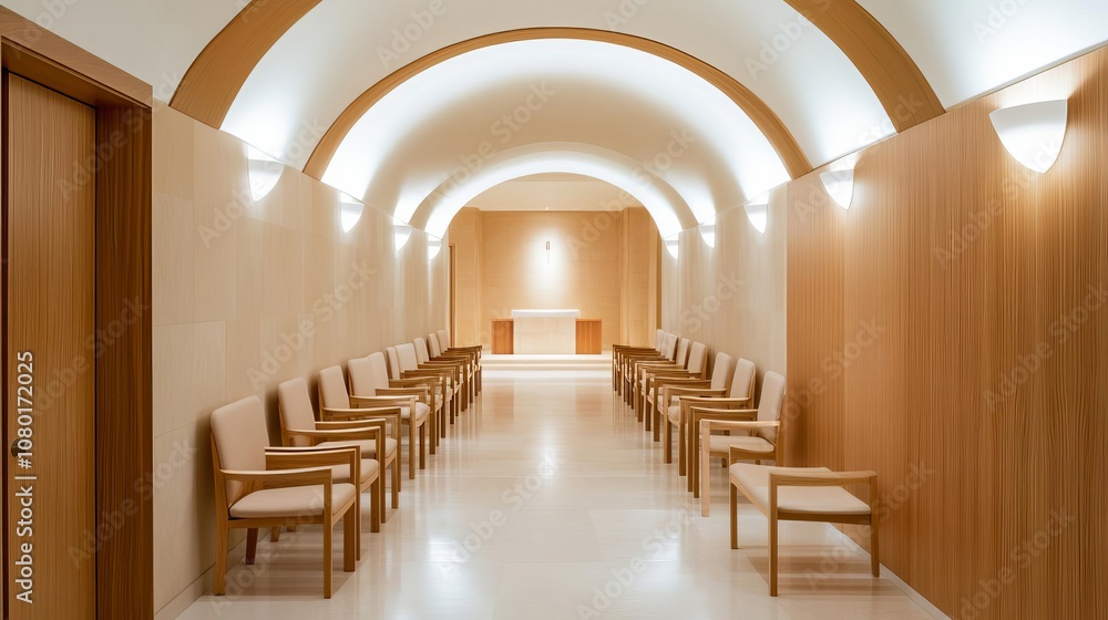 Hospital chapel with soft lighting and seating, a place for quiet reflection, healing, spirituality Hospital chapel with soft lighting and seating, a place for quiet reflection, healing, spirituality