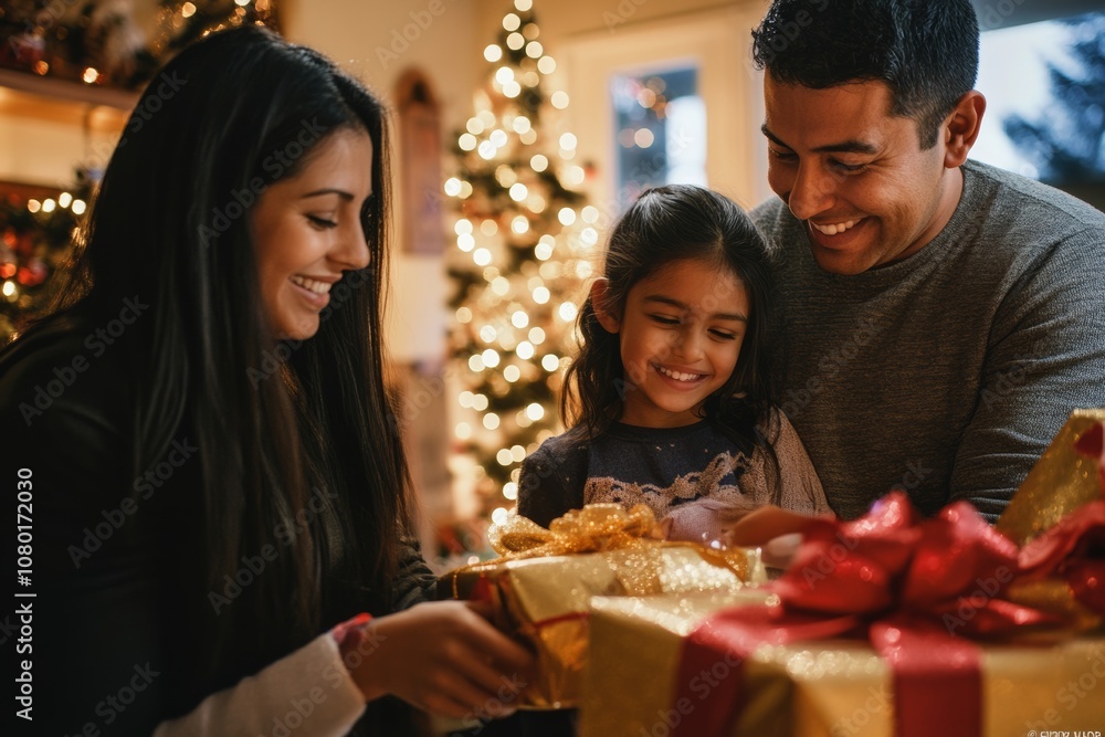 Fototapeta premium hispanic diverse family exchanging gifts at Home with Warm Lighting Decorated for Christmas