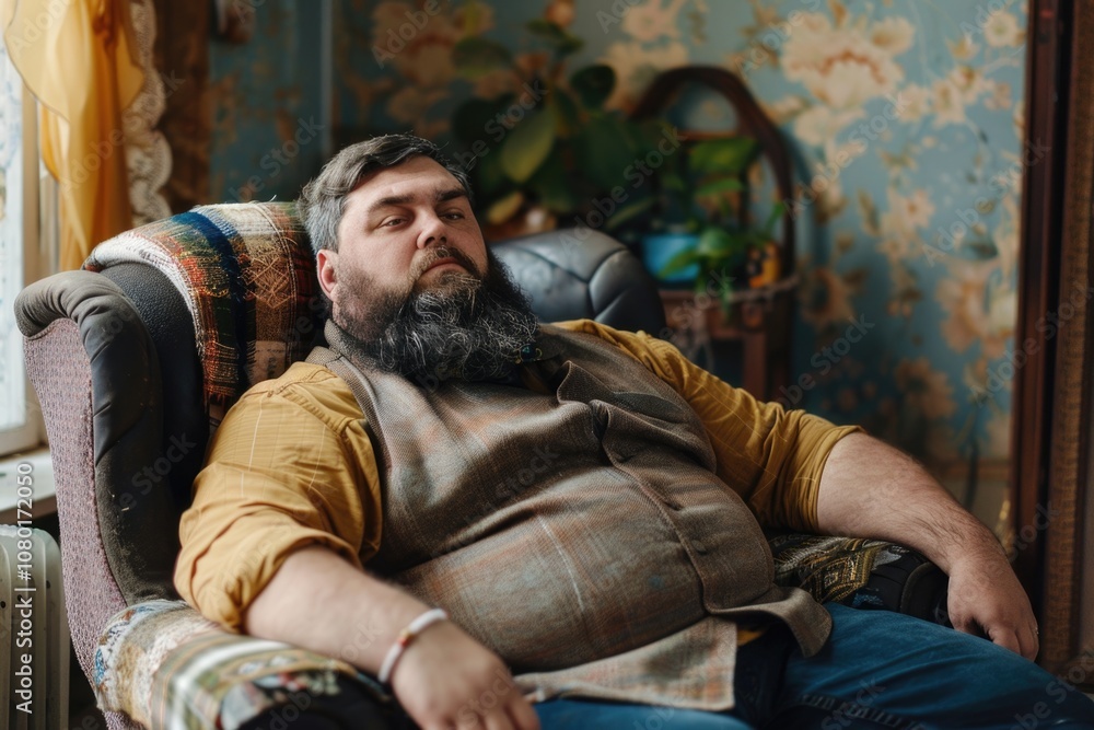 Fototapeta premium Fat People. Unhealthy Lifestyle of a Caucasian Adult Male Sitting in an Armchair