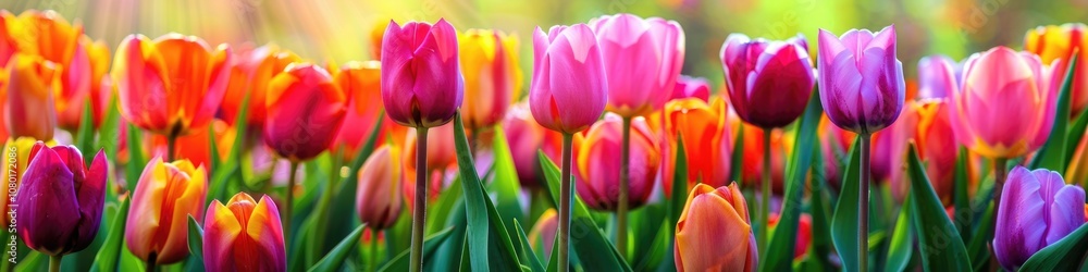 Obraz premium Field of Tulips. Spring Day Landscape with Colourful Blooming Tulips in Panoramic View