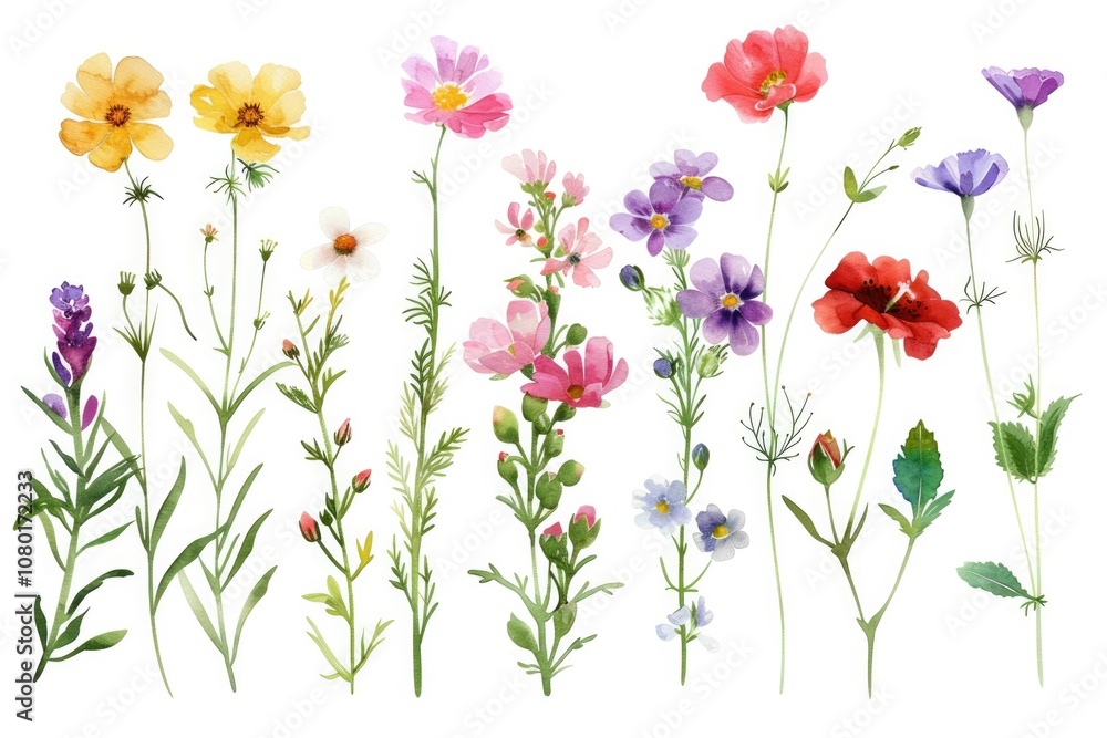 Fototapeta premium Flowers Clip Art. Watercolor Wildflower and Leaf Arrangement for Wedding Decoration