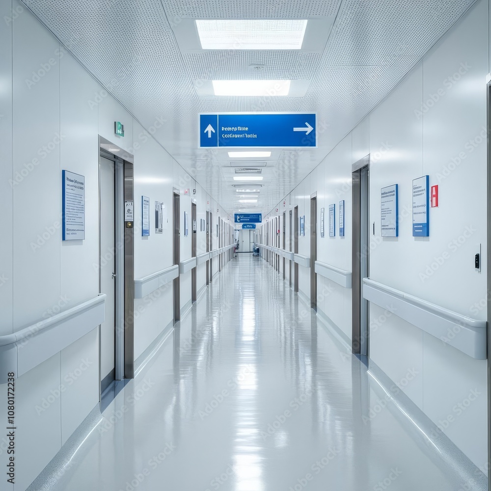 Fototapeta Hospital corridor with signs indicating different departments, clean and organized, wayfinding, hospital design