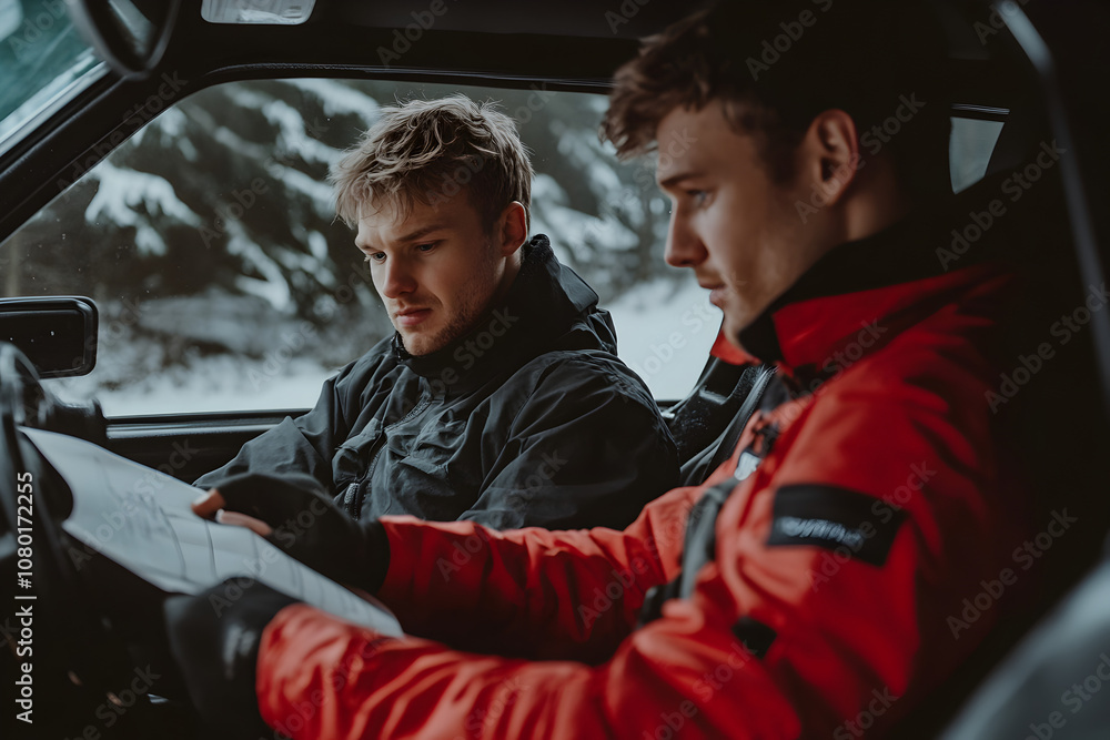 A rally driver and co-driver reviewing notes before a race, highlighting teamwork in motorsport. A driver and co-driver in the car.
A rally driver and co-driver reviewing notes before a race, highlighting teamwork in motorsport. A driver and co-driver in the car.