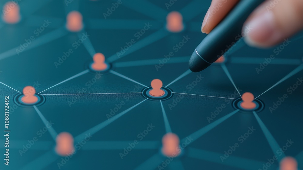 Close-up of a hand using a stylus on a digital network graphic illustrating social connections and interactions. Close-up of a hand using a stylus on a digital network graphic illustrating social connections and interactions.