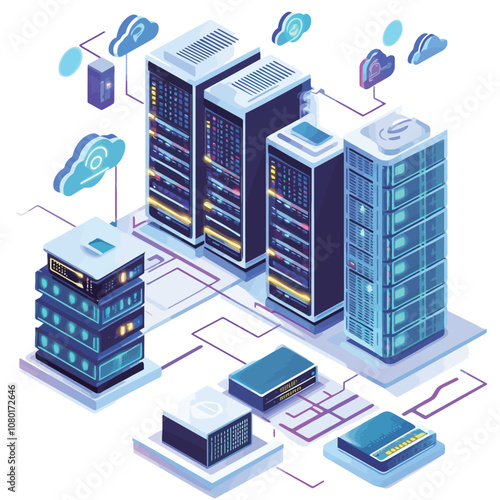 Isometric datacenter server room with big data and cloud computing vector illustration.eps