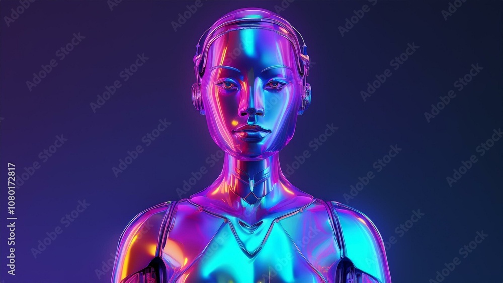 Futuristic iridescent plastic robot illuminated by neon lights, sci-fi design
Futuristic iridescent plastic robot illuminated by neon lights, sci-fi design