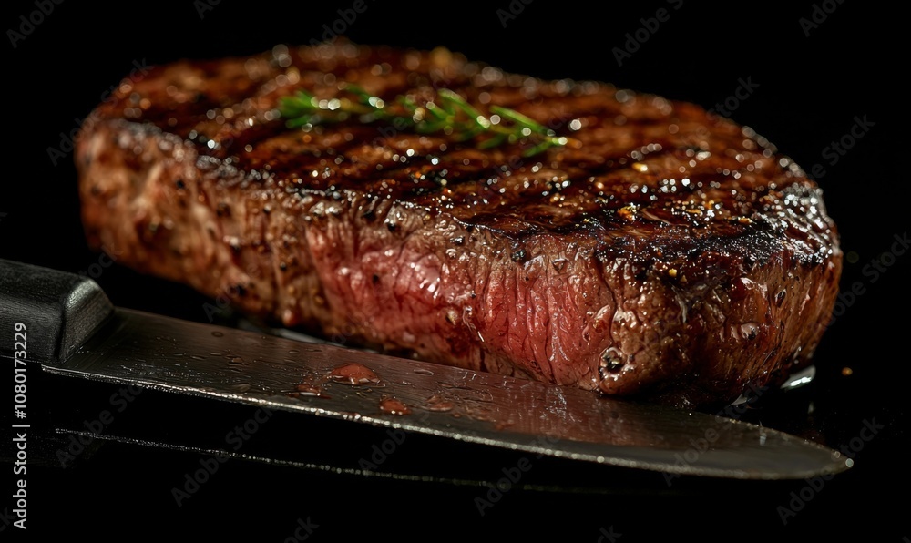 3D medium-rare ribeye steak with a knife slicing through, juices running, perfectly tender 3D medium-rare ribeye steak with a knife slicing through, juices running, perfectly tender