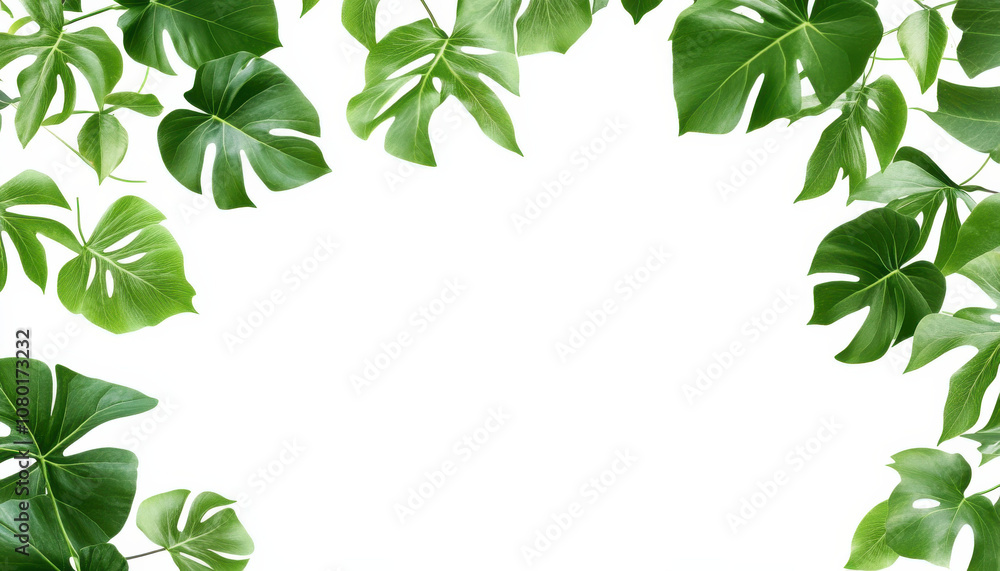 Lush green leaves frame blank white background, creating fresh and vibrant atmosphere perfect for nature themed designs