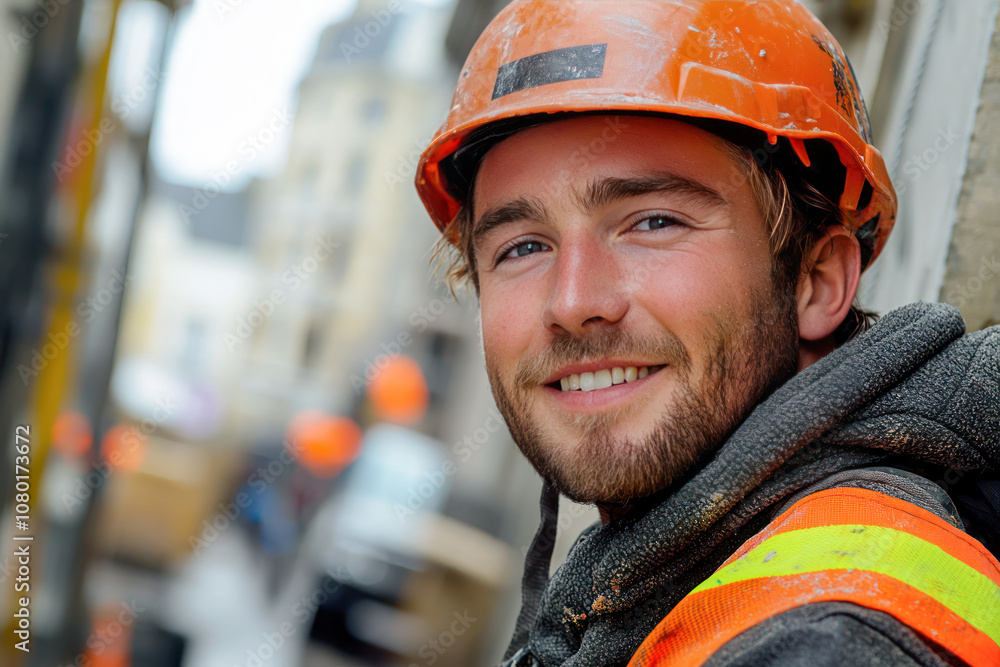 Smiling construction worker wearing an orange hard hat and reflective vest at an urban worksite. Smiling construction worker wearing an orange hard hat and reflective vest at an urban worksite.