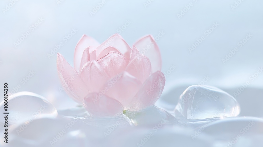 A pink flower is on a bed of rocks A pink flower is on a bed of rocks