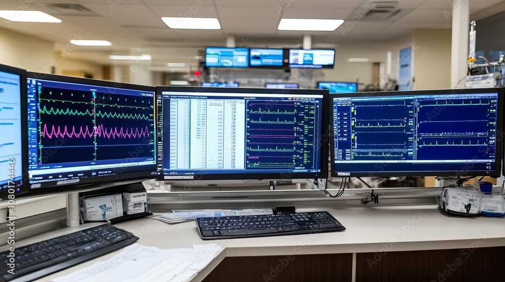 Fototapeta premium Nurse station with multiple screens displaying patient information, active environment, organization, efficiency