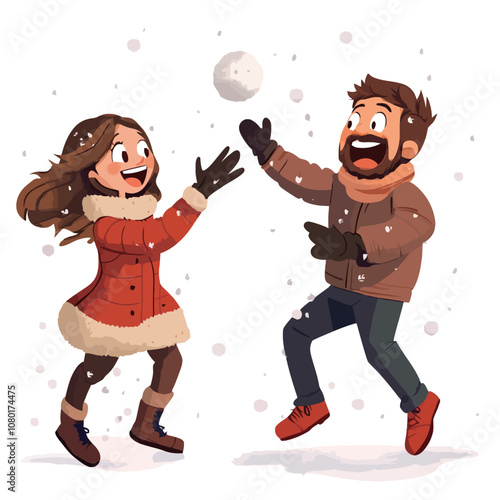 Man and woman in warm clothes playing snowballs. Vector illustration..eps