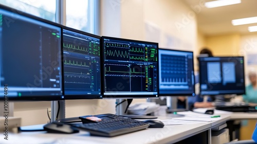 Nurse station with multiple monitors and charts, staff working efficiently, organization, healthcare team