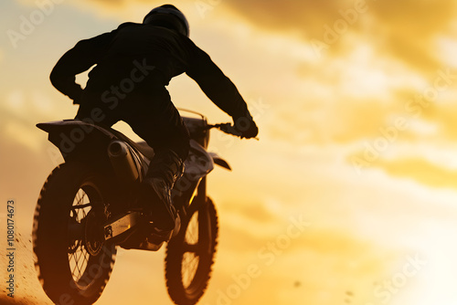 A motocross bike soaring through the air over a jump during a race, emphasizing the adrenaline of the sport. A motocross rider in mid-air.


 photo