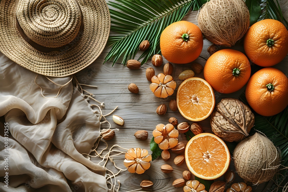 Rustic Citrus Display with Oranges, Nuts, and Straw Hat for Natural Decor and Design Rustic Citrus Display with Oranges, Nuts, and Straw Hat for Natural Decor and Design